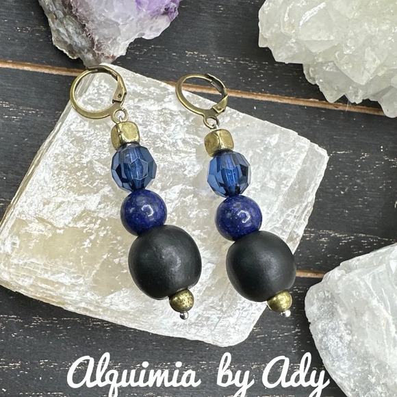 Big rustic vintage Lapis lazuli spheres dangle earrings - Picture 1 of 1